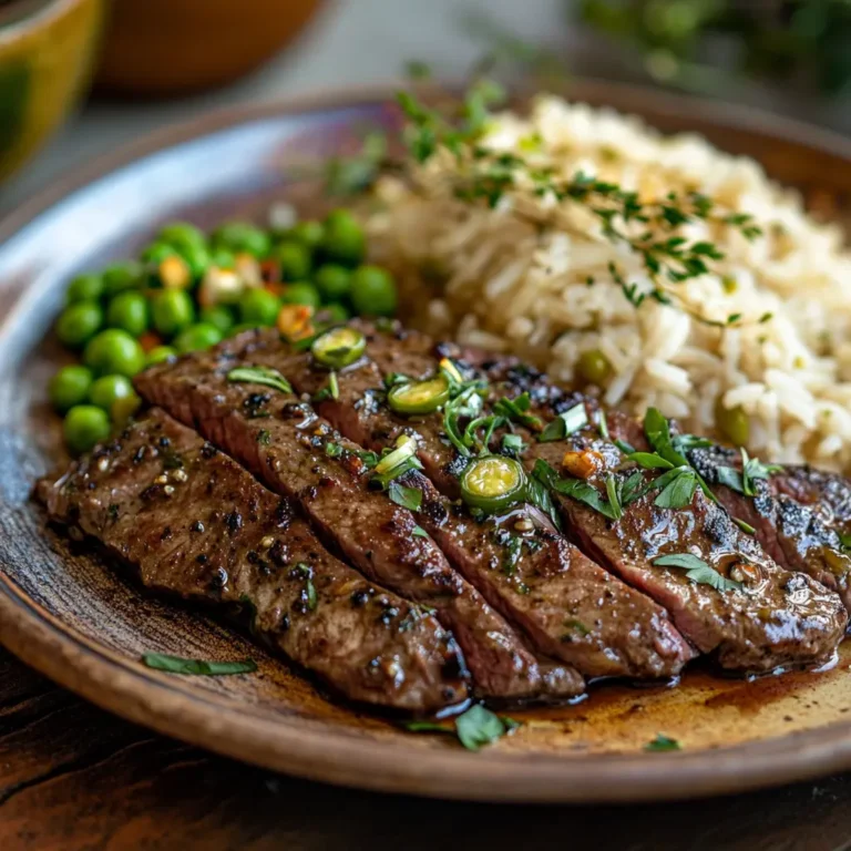 Jamaican Peppered Steak recipe card with steps and ingredients