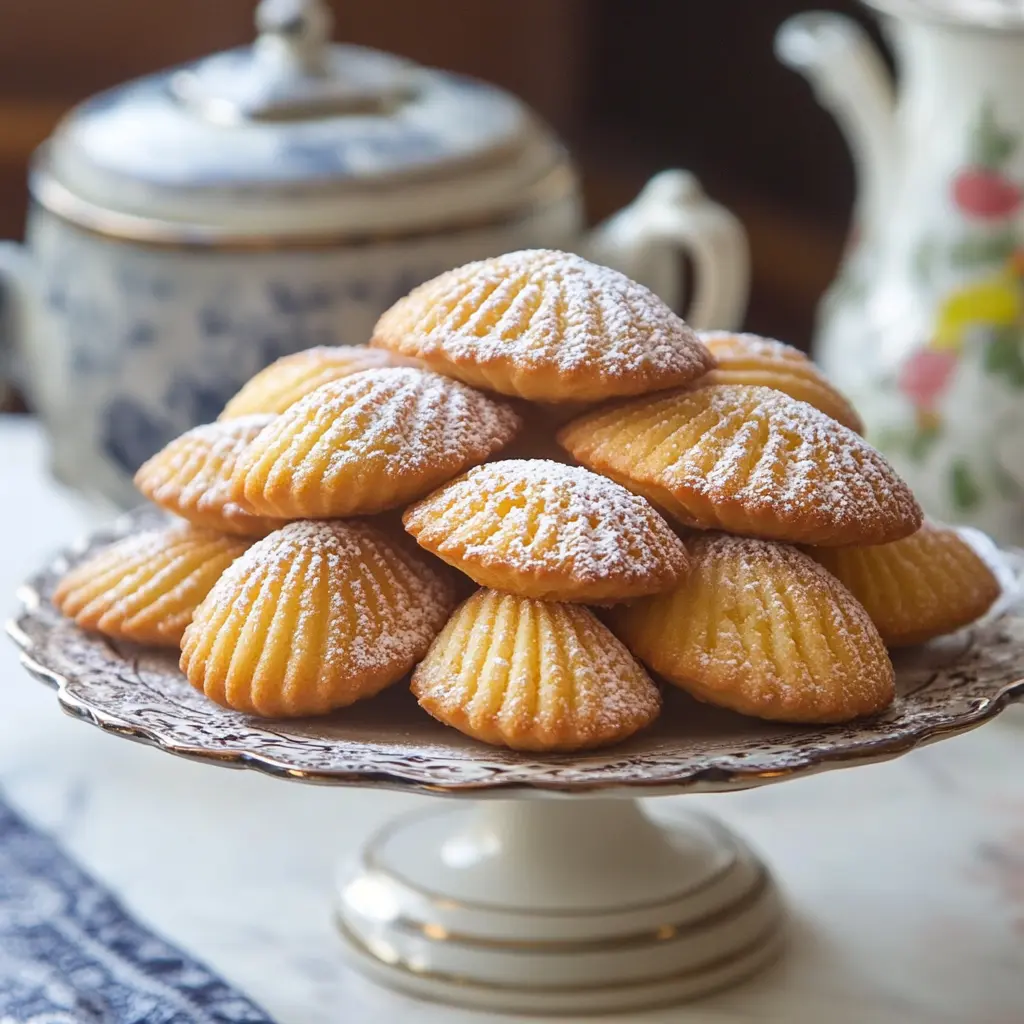 A pile of Madeleine cookies using cream dusted with powdered sugar, arranged on an elegant serving plate