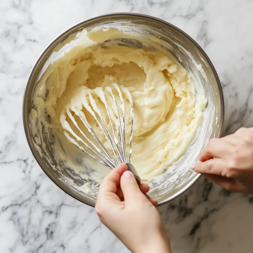 Whisking the batter for Madeleine cookies, showing a smooth and fluffy consistency.