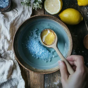 Mixing blue salt, lemon juice, and honey in warm water