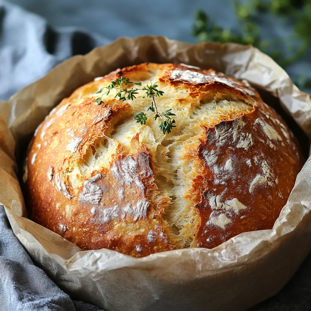 No knead gluten-free bread loaf with a golden crust and fluffy interior