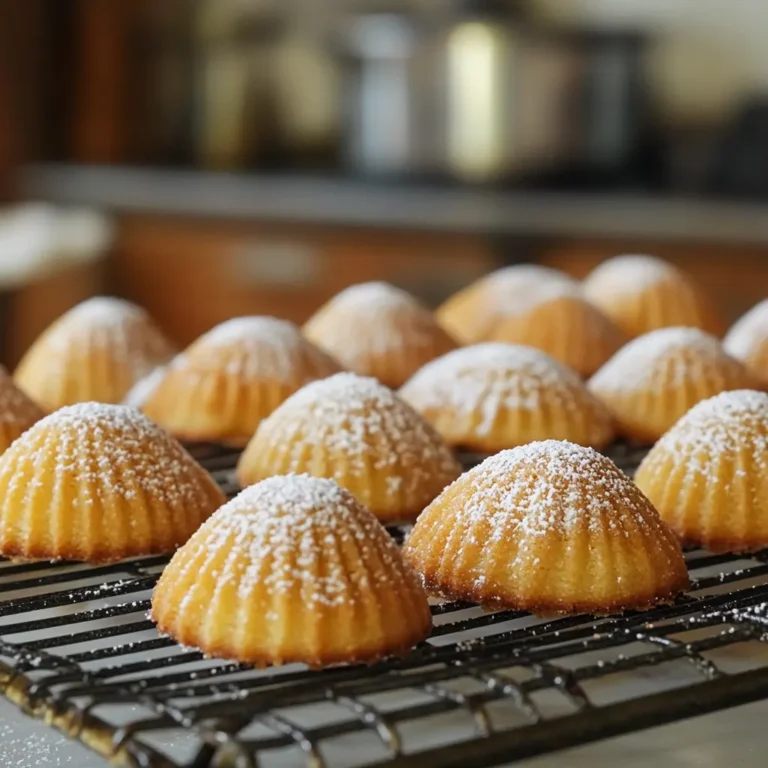 Freshly baked Madeleine cookies with a golden-brown finish and powdered sugar on top, cooling on a wire rack