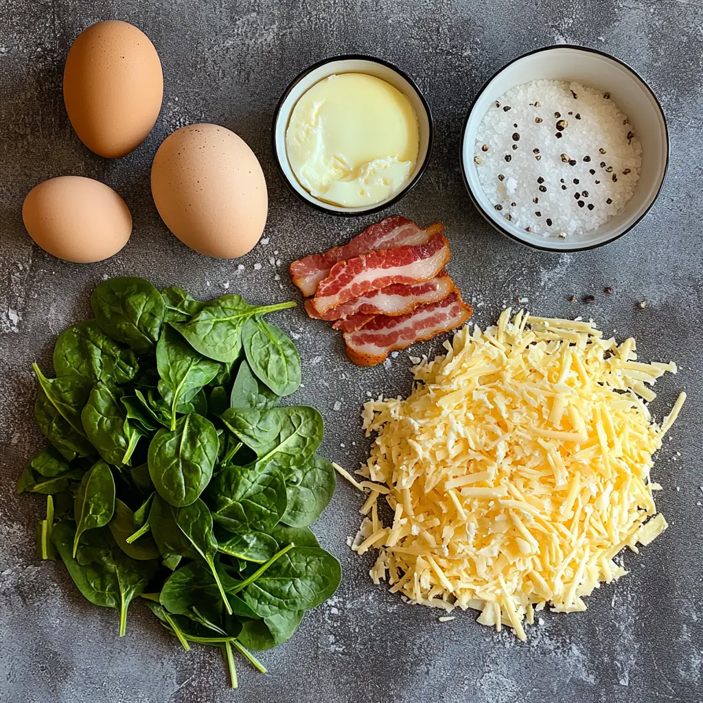 Keto Cottage Cheese Egg Bake Ingredients: Eggs, Cottage Cheese, Spinach, Bacon, and Seasonings on a Grey Countertop
