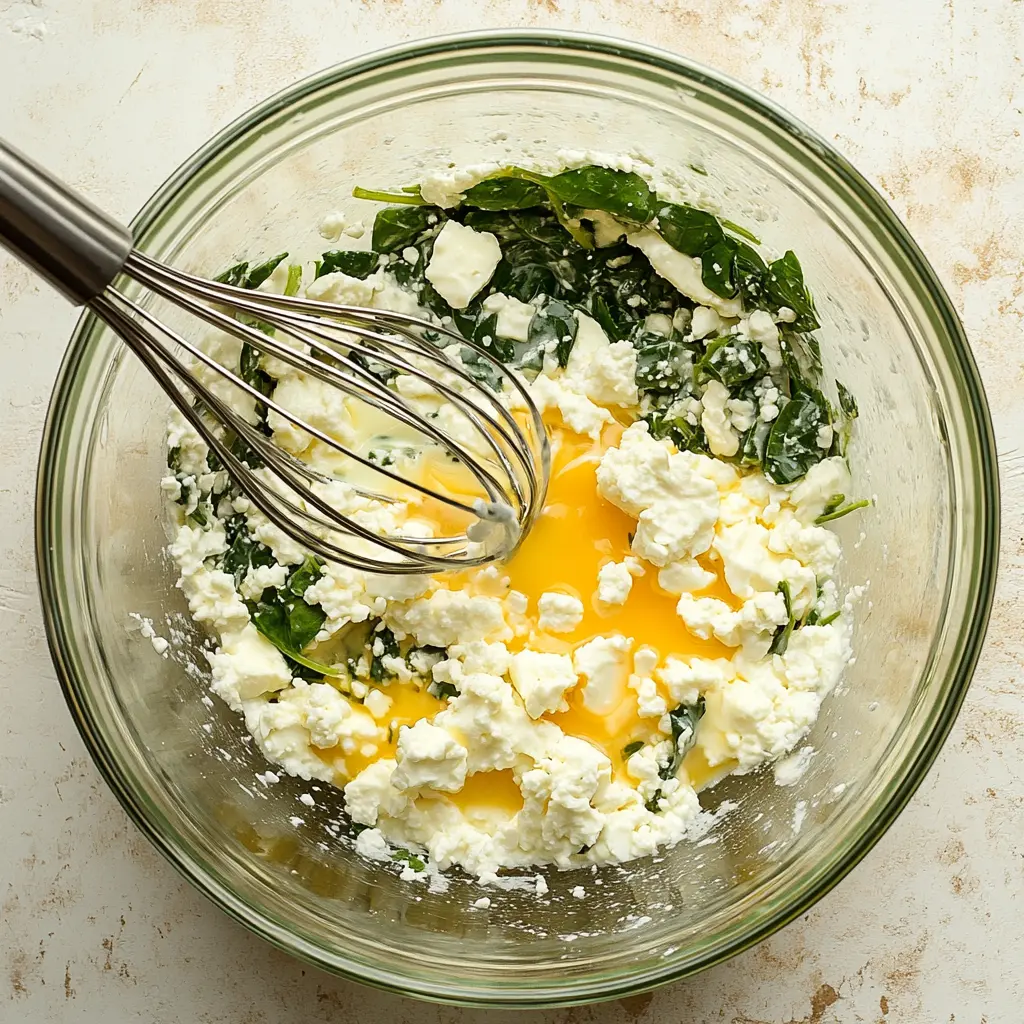 Mixing Keto Cottage Cheese Egg Bake Ingredients: Whisking Eggs, Cottage Cheese, and Spinach in a Glass Bowl