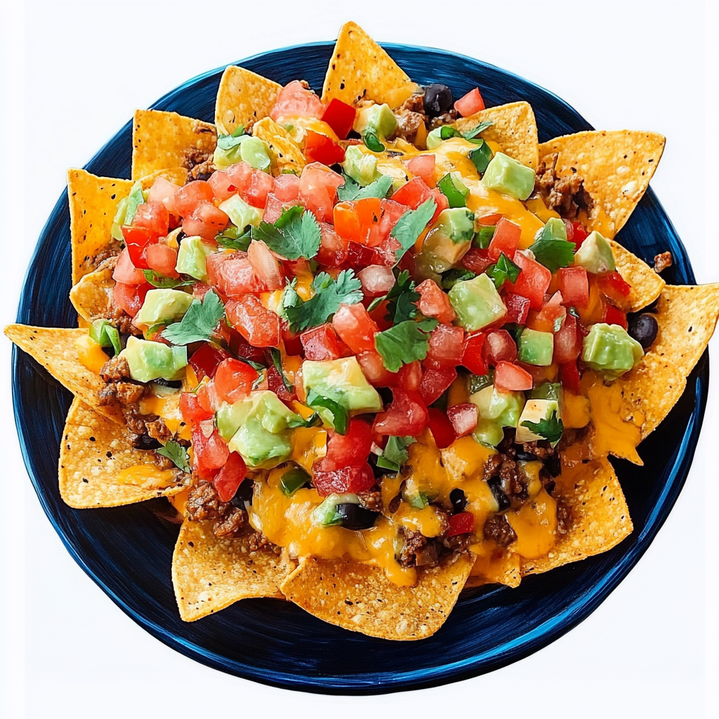 Nachos topped with seasoned ground beef, shredded cheese, fresh tomatoes, cilantro, and cucumbers.