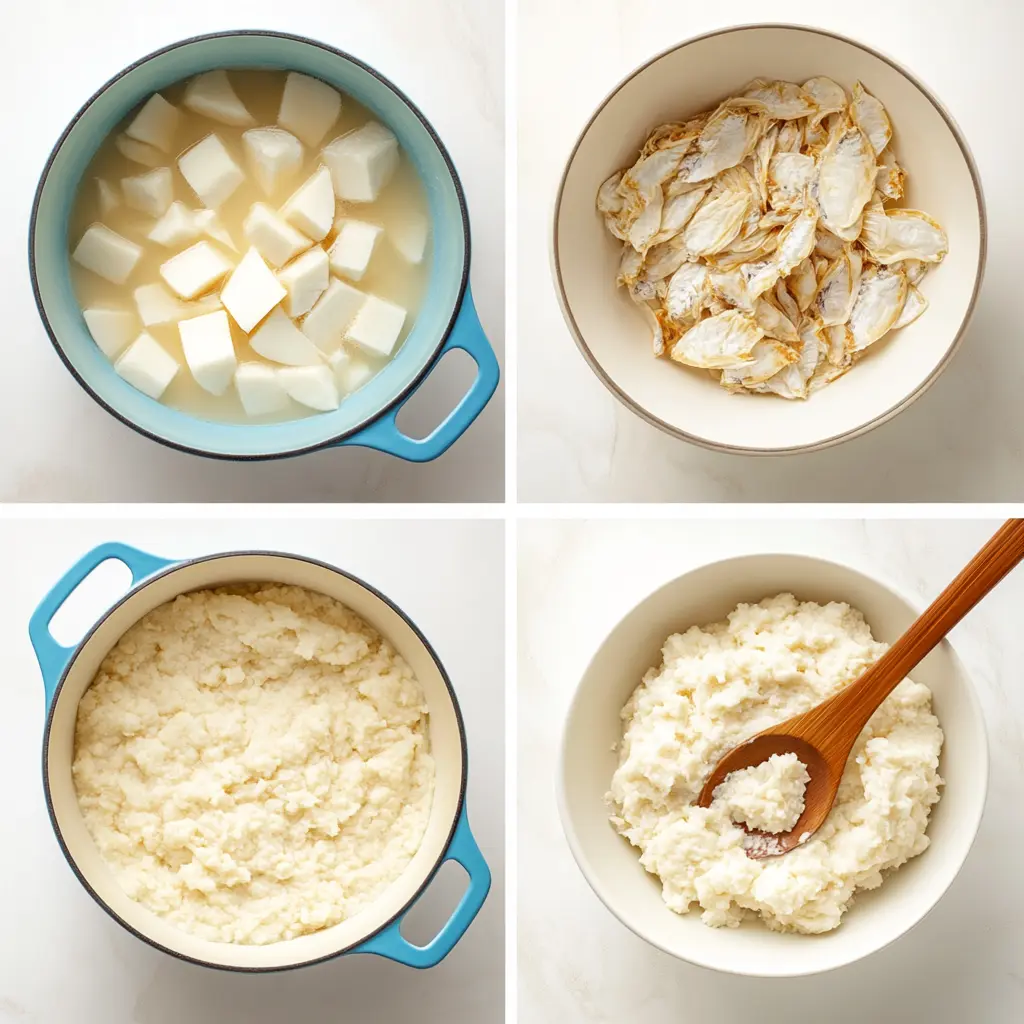 Natural Mounjaro Recipe – Ingredients: Cassava, Coconut, Dried Fish, Step-by-Step Process and Final Dish Image"