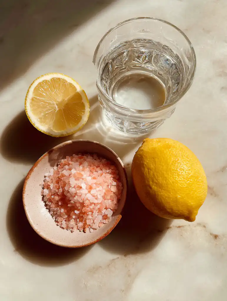3 ingredient salt trick ingredients including Himalayan pink salt lemon and water on a marble surface
