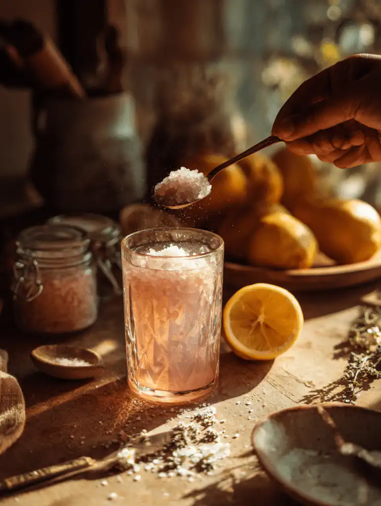3 ingredient salt trick mixing step showing Himalayan pink salt dissolving in water with lemon nearby