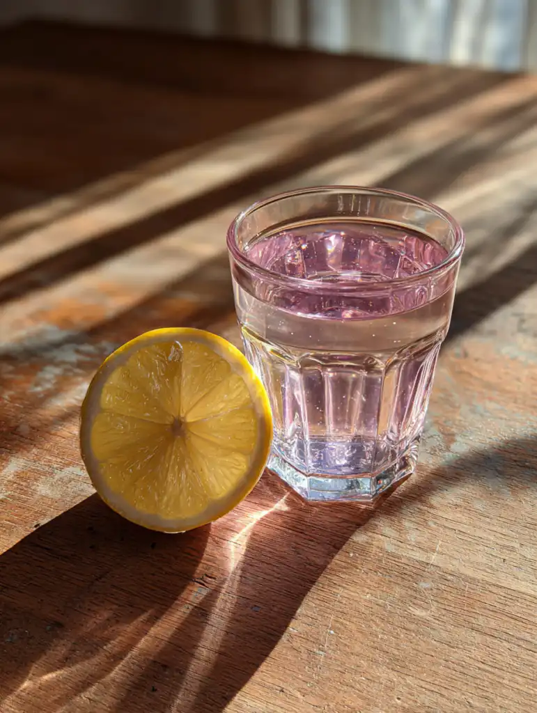 3 ingredient salt trick drink in a clear glass with Himalayan pink salt and lemon on a wooden table