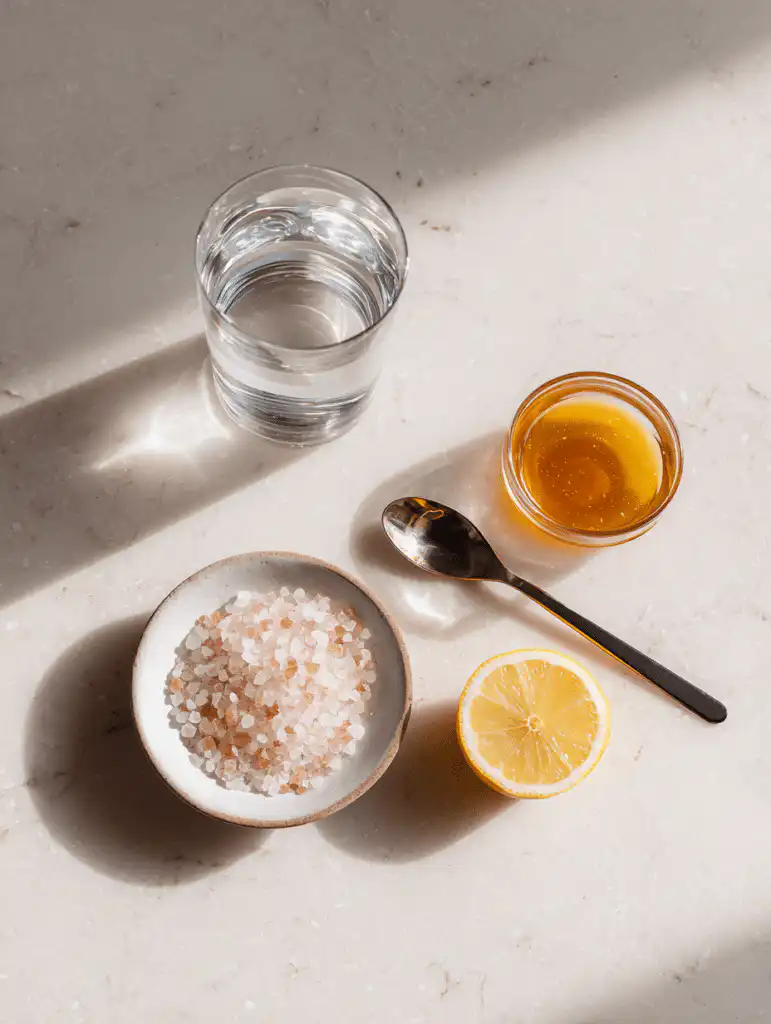 salt trick for men in bed recipe ingredients including Himalayan pink salt water lemon and honey on marble surface