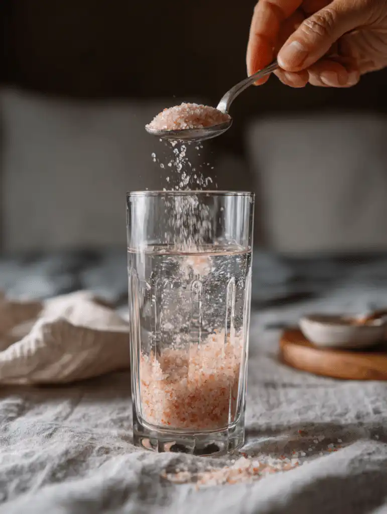 salt trick for men in bed recipe step adding Himalayan pink salt into water for mixing