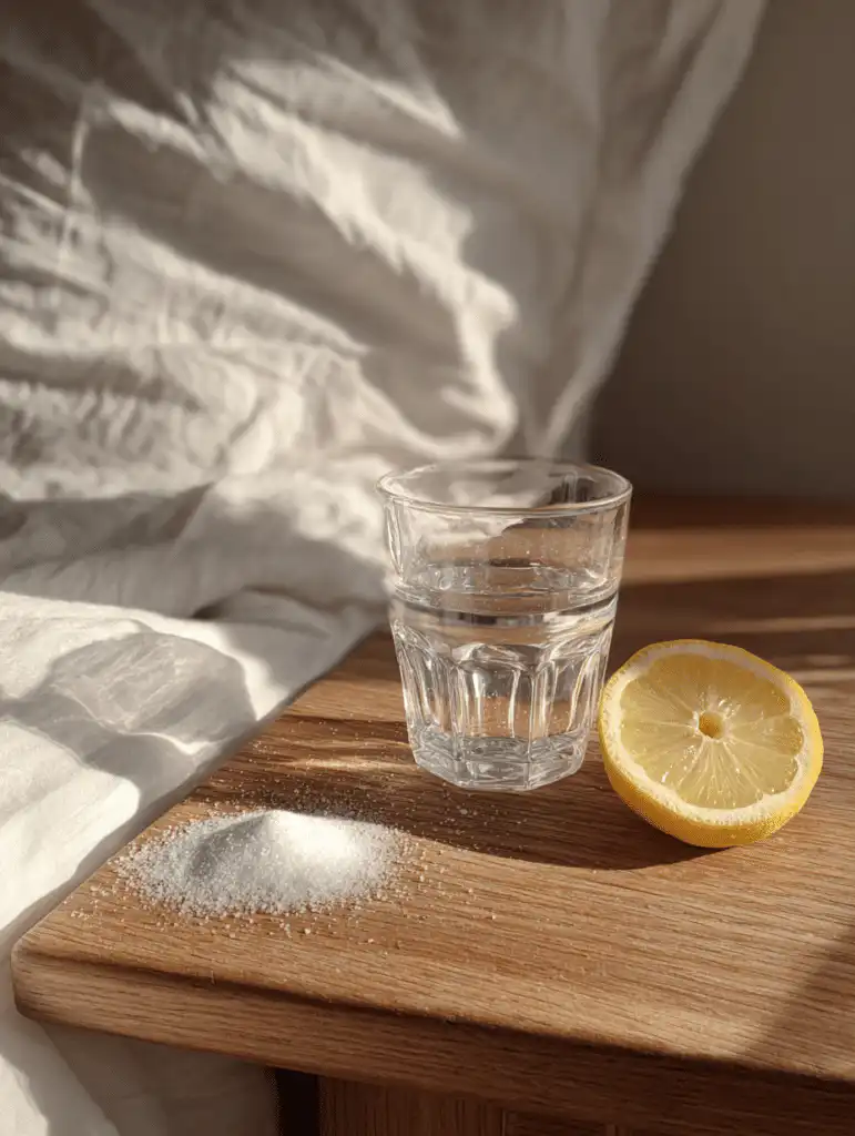 salt trick for men in bed recipe drink with Himalayan pink salt and water on a bedside table