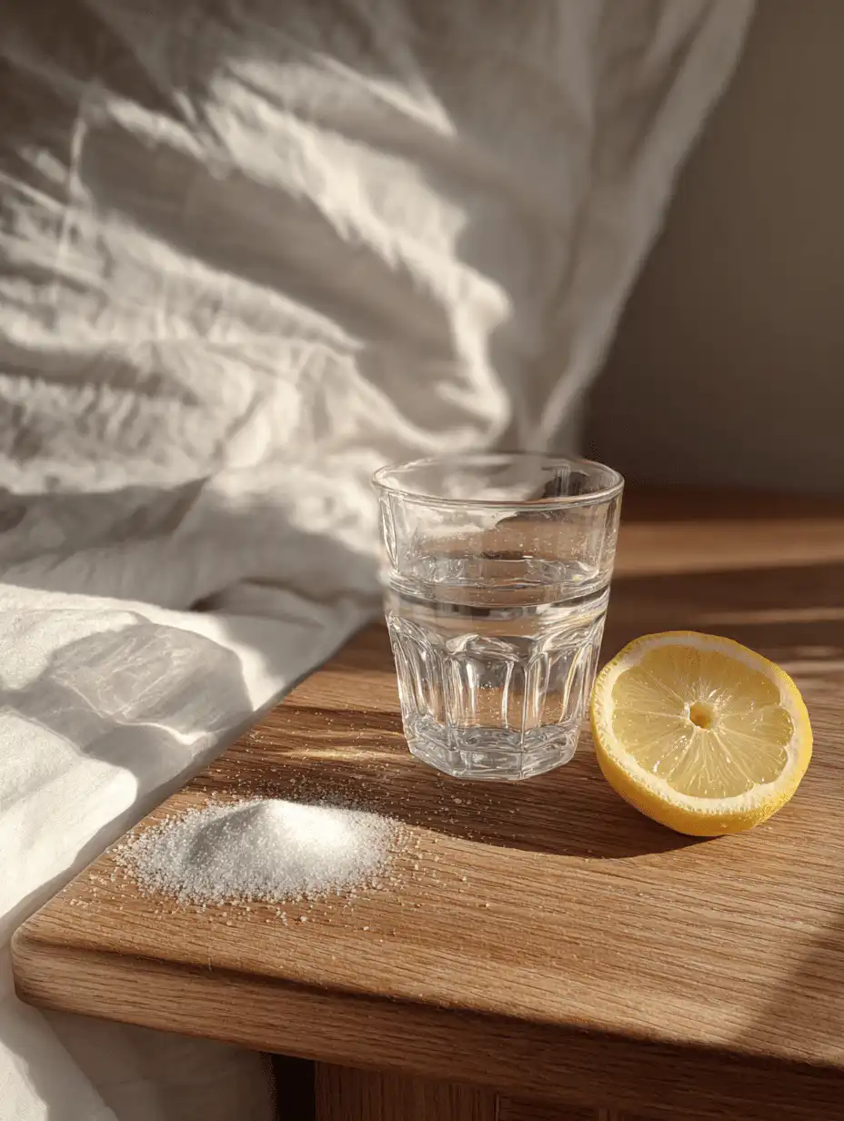 salt trick for men in bed recipe drink with Himalayan pink salt and water on a bedside table