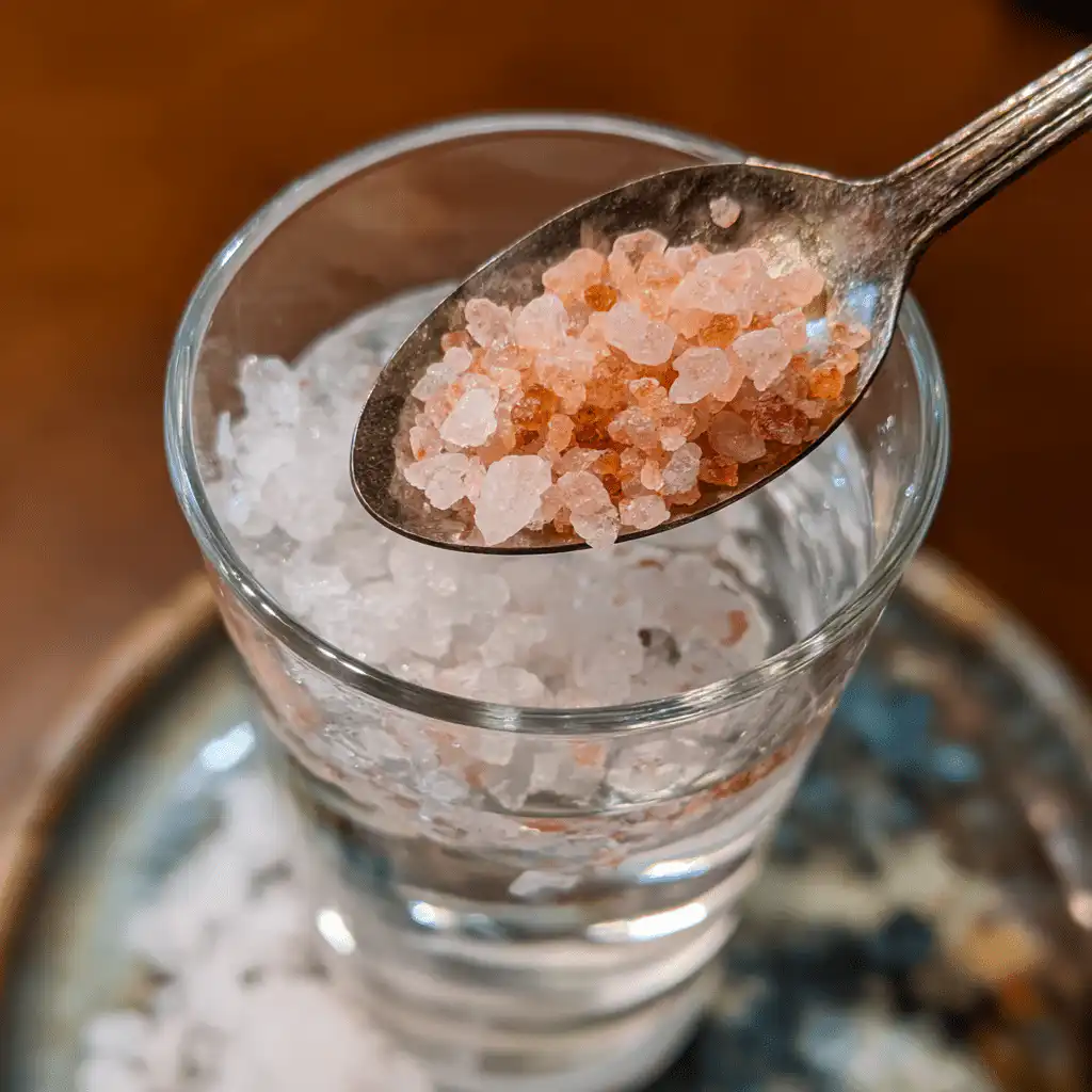 salt trick ingredients preparation adding Himalayan pink salt into water in a glass on kitchen counter