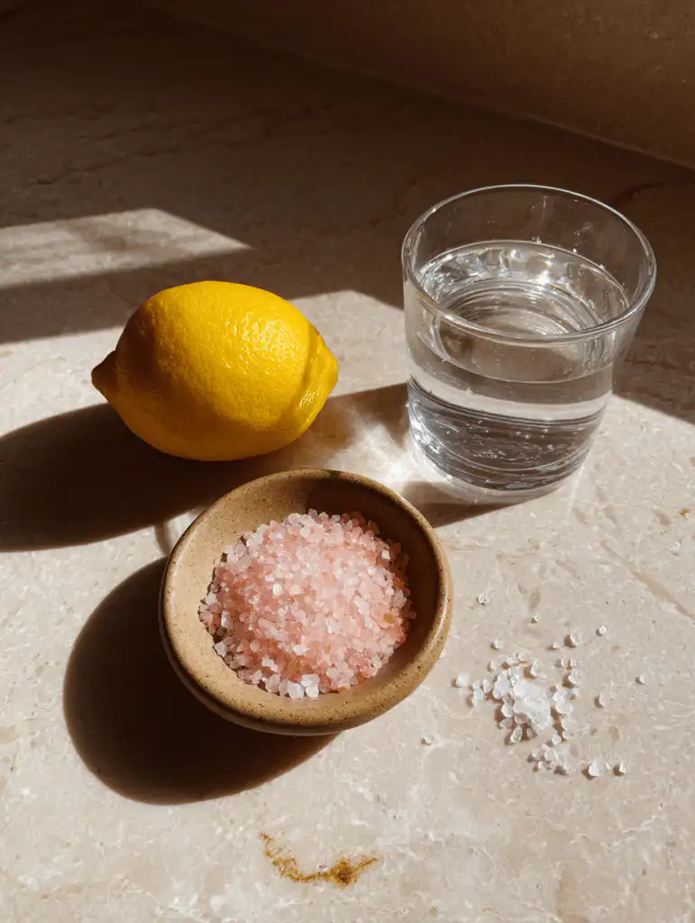salt trick ingredients including Himalayan pink salt water and lemon arranged on a marble surface