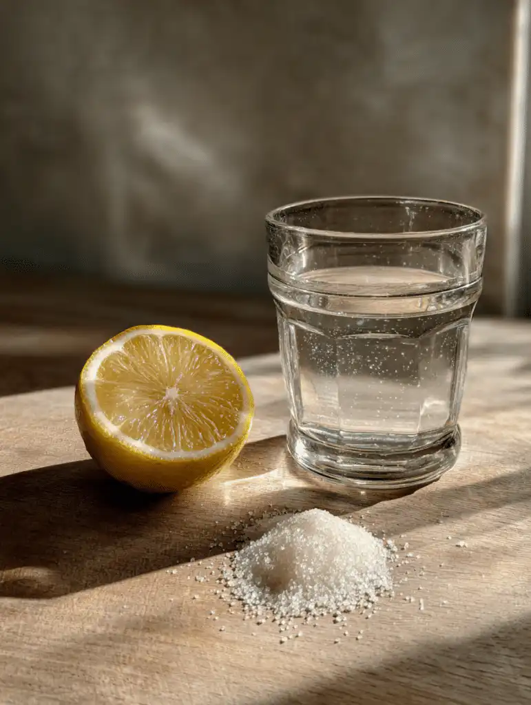 salt trick ingredients drink with Himalayan pink salt water and lemon on a wooden kitchen counter