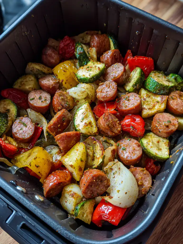 air fryer chicken sausage and veggies placed in air fryer basket before cooking