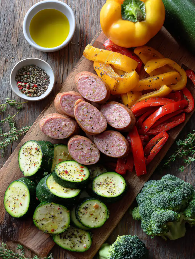 air fryer chicken sausage and veggies ingredients with fresh vegetables and seasoning