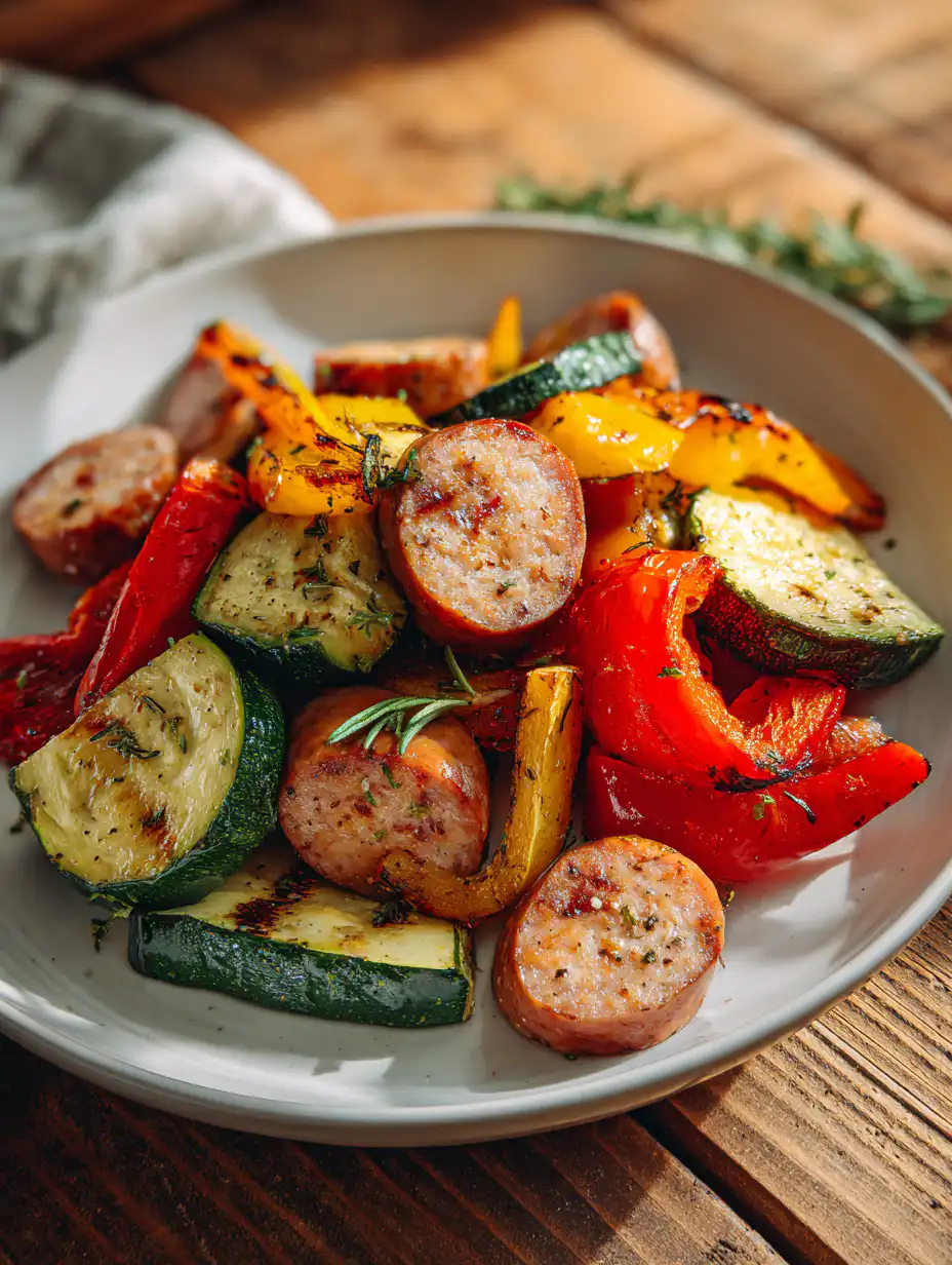 air fryer chicken sausage and veggies with roasted peppers and zucchini on plate