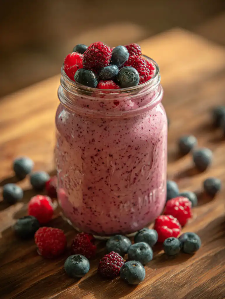 banana berry protein smoothie creamy smoothie with mixed berries and banana in glass