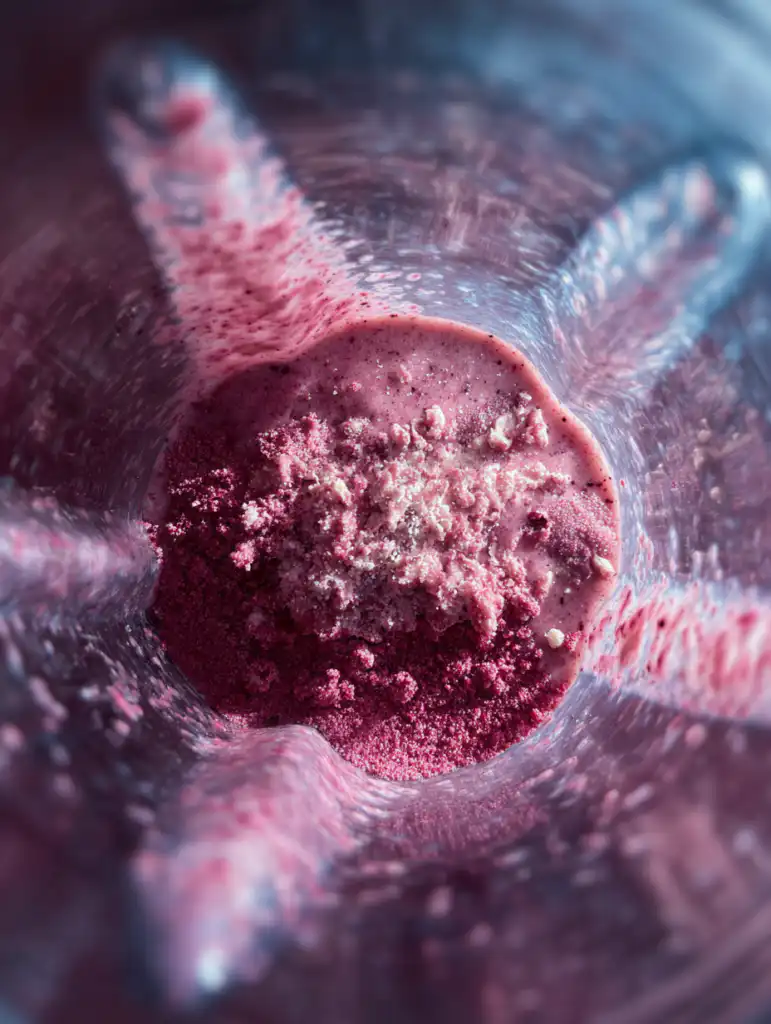 banana berry protein smoothie blending banana berries and protein powder in blender