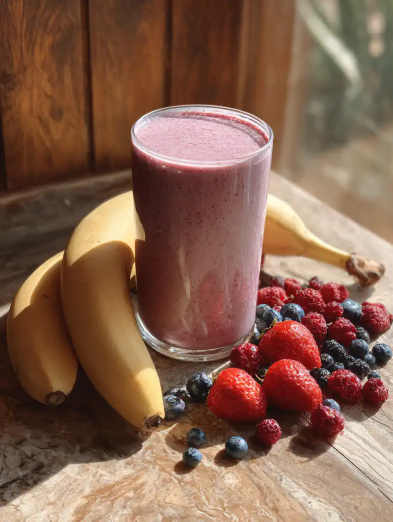 banana berry protein smoothie ingredients including banana berries protein powder and milk