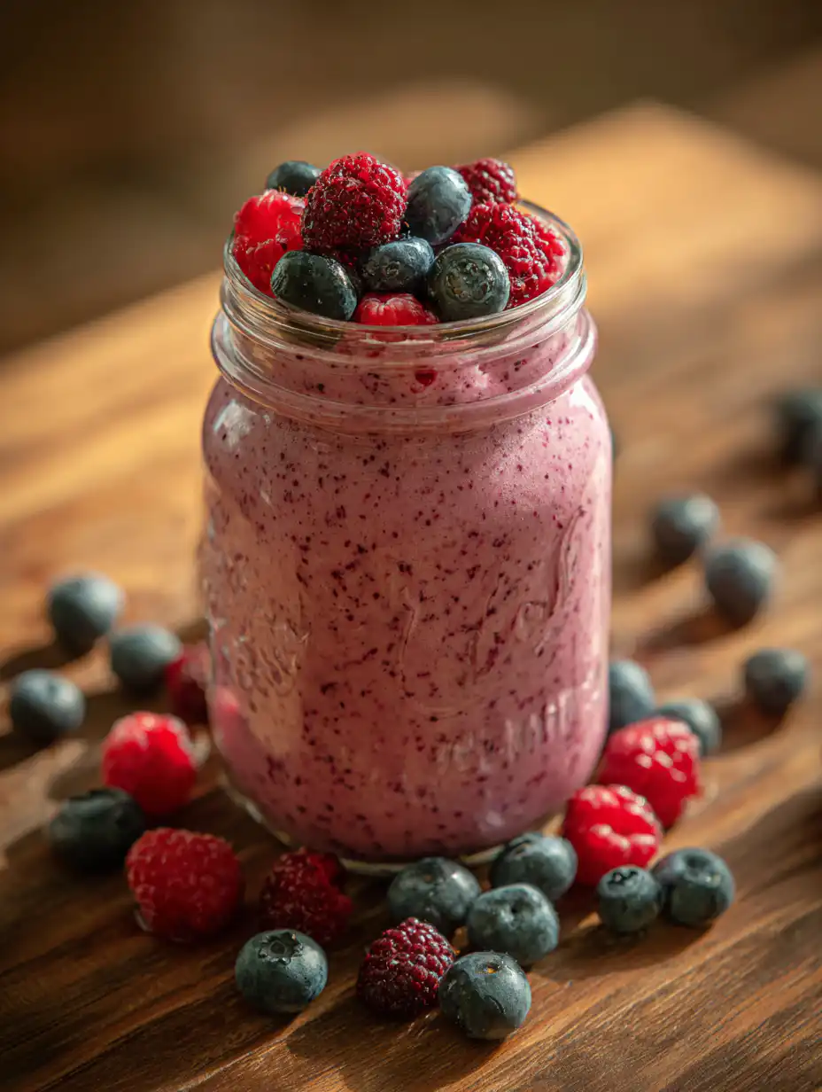 banana berry protein smoothie creamy smoothie with mixed berries and banana in glass