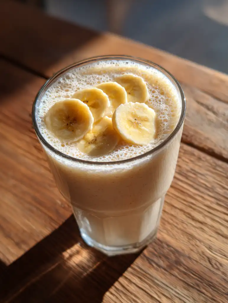 banana smoothie recipe creamy banana smoothie in glass with fresh banana slices