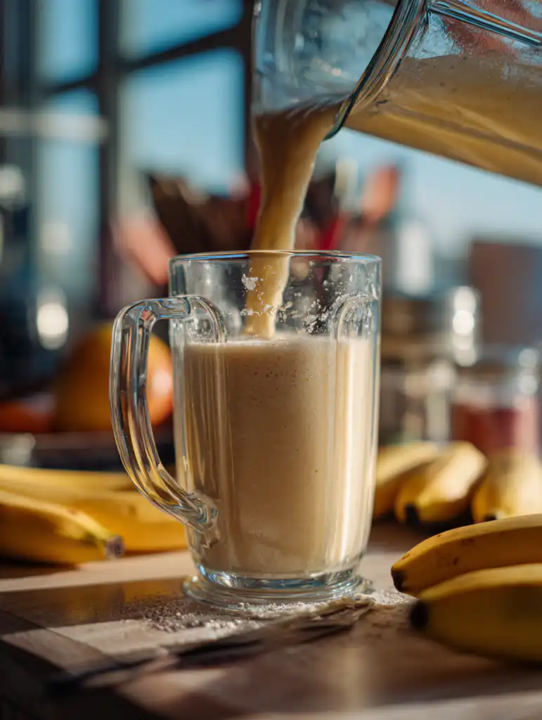 banana smoothie recipe blending banana and milk in blender for smooth texture