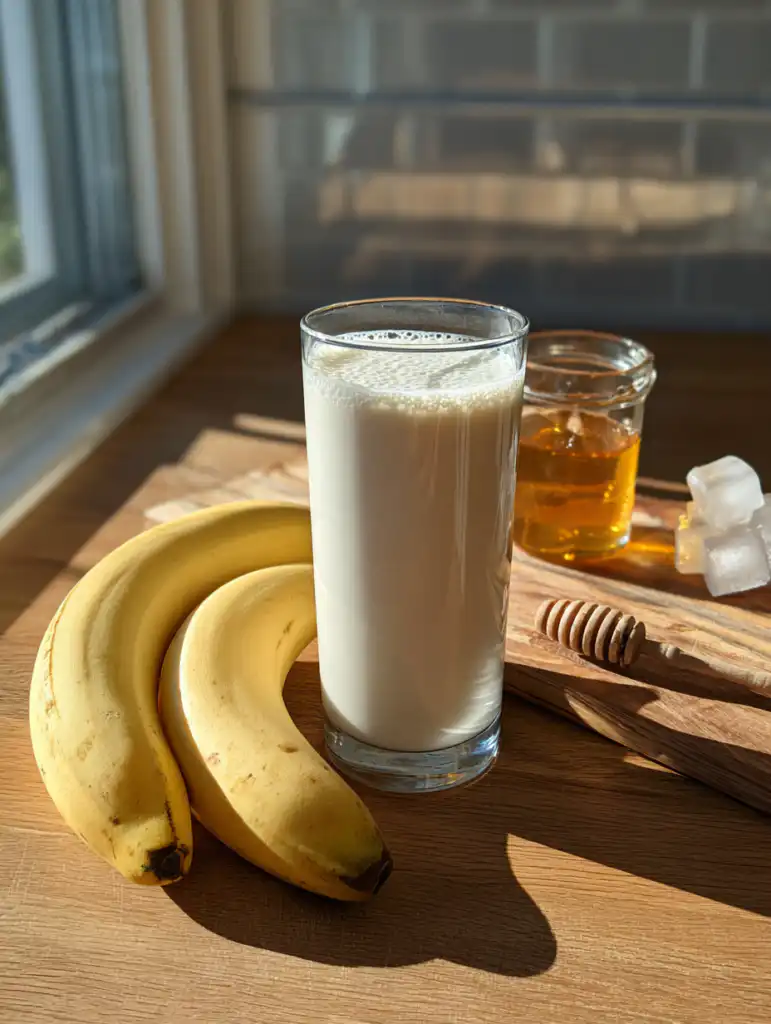 banana smoothie recipe ingredients including bananas milk honey and ice