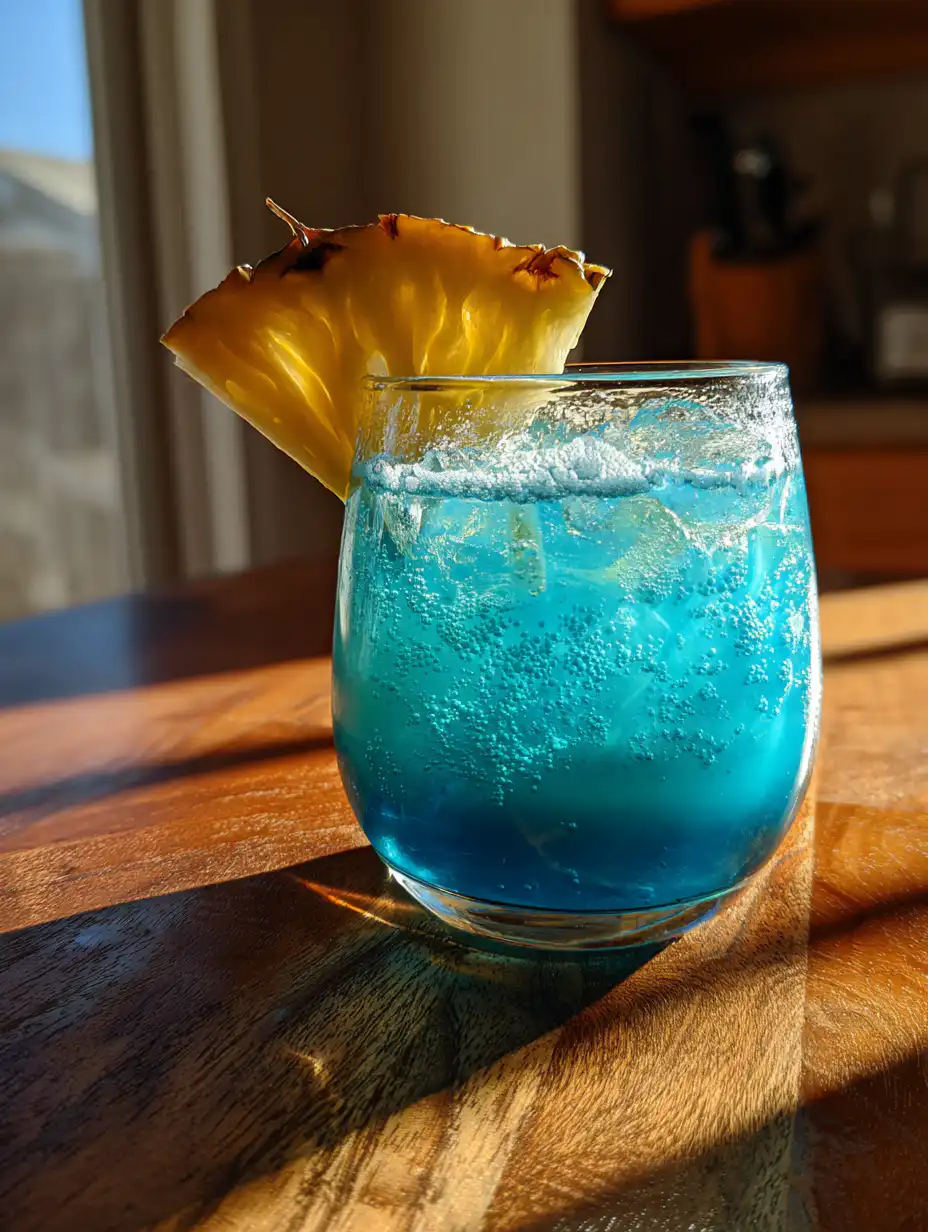 Blue hawaiian mocktail in a glass with pineapple garnish on wooden table in natural light