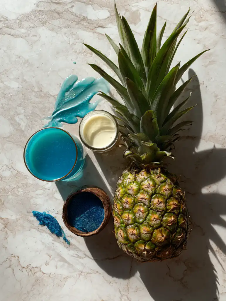 Blue hawaiian mocktail ingredients including pineapple juice coconut and blue syrup on marble surface
