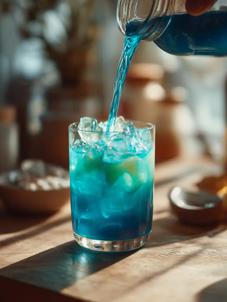 Blue hawaiian mocktail preparation pouring blue syrup into pineapple juice with ice