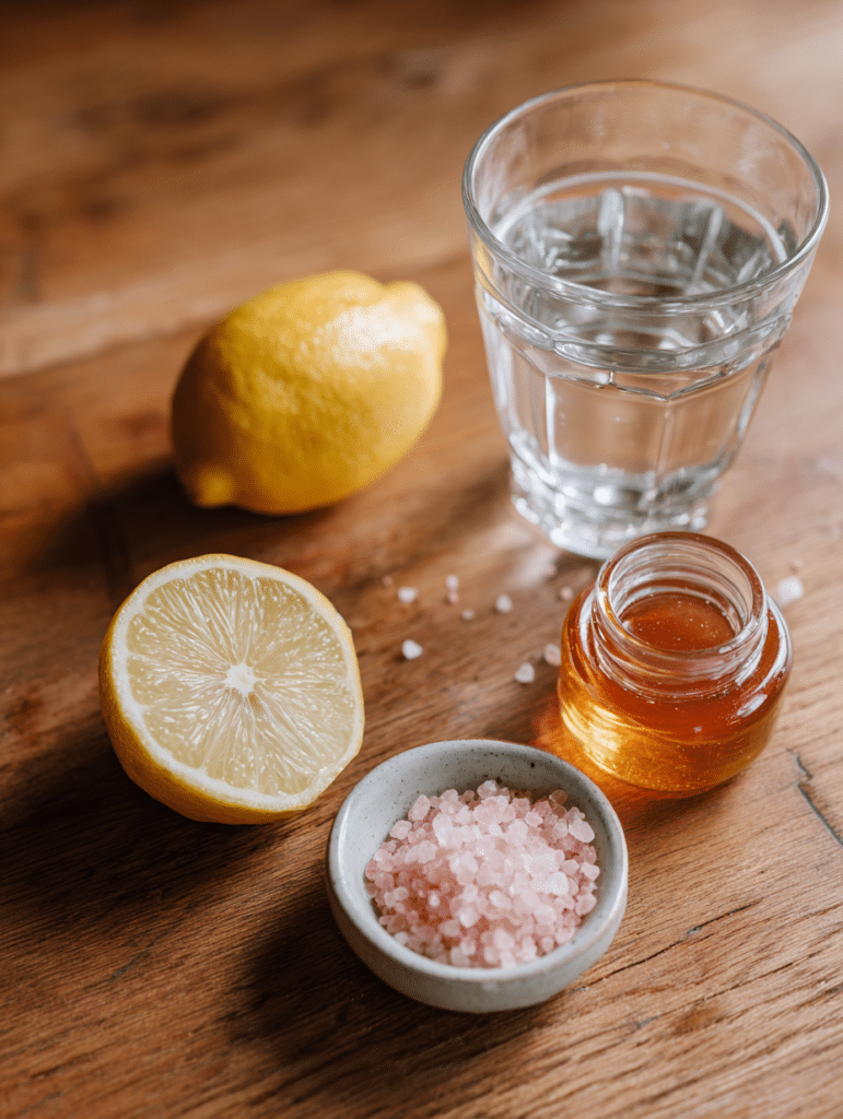 ingredients for Brazilian pink salt drink recipe with lemon and salt