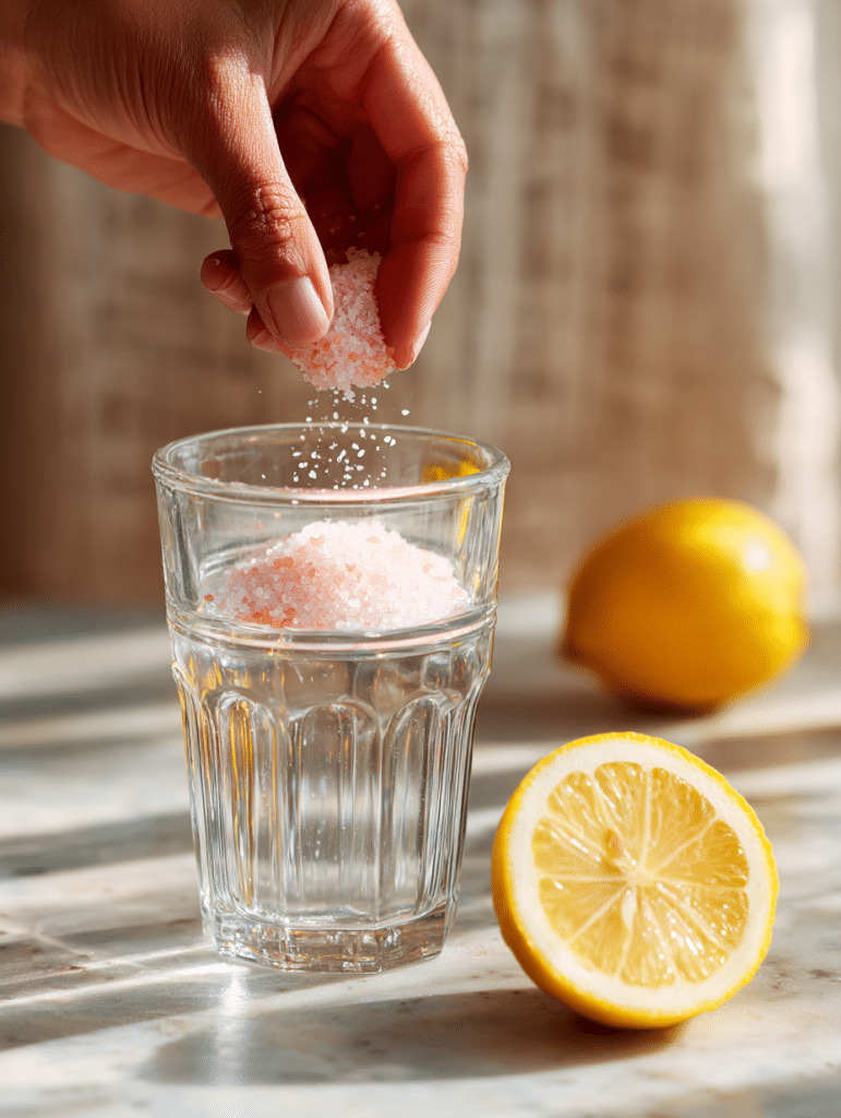 mixing Brazilian pink salt drink recipe step with water and salt