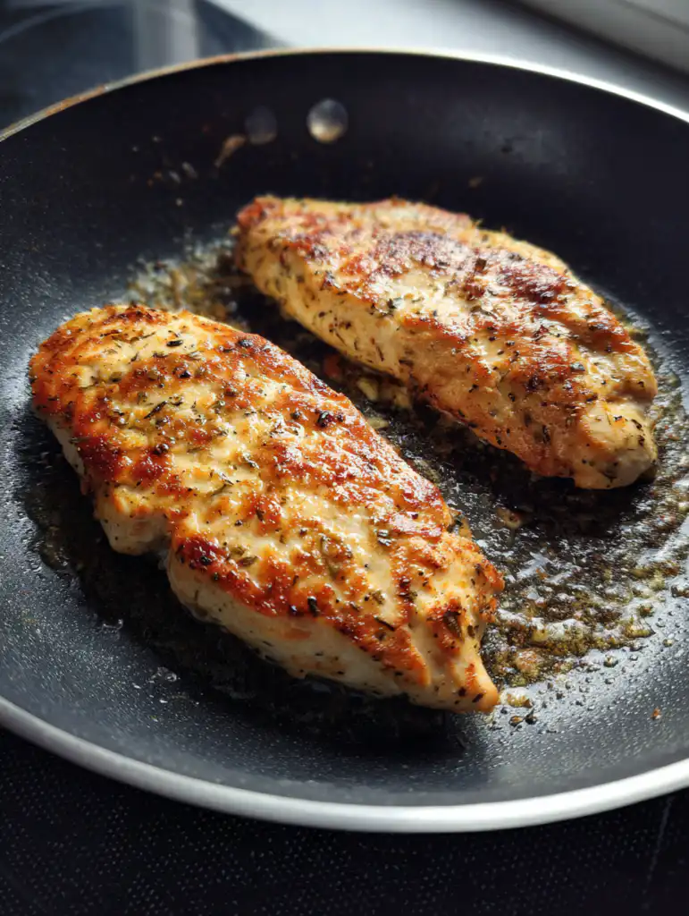 chicken caesar salad chicken cooking in pan with golden crust for salad