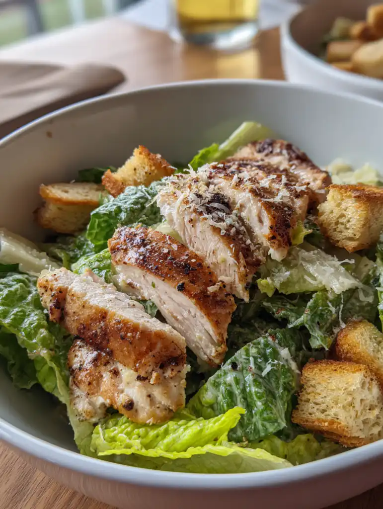 chicken caesar salad with grilled chicken romaine lettuce parmesan and croutons