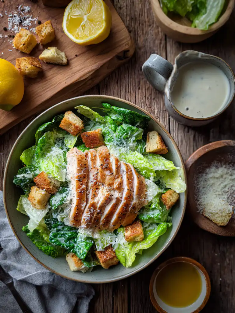 chicken caesar salad ingredients with chicken romaine parmesan croutons and dressing