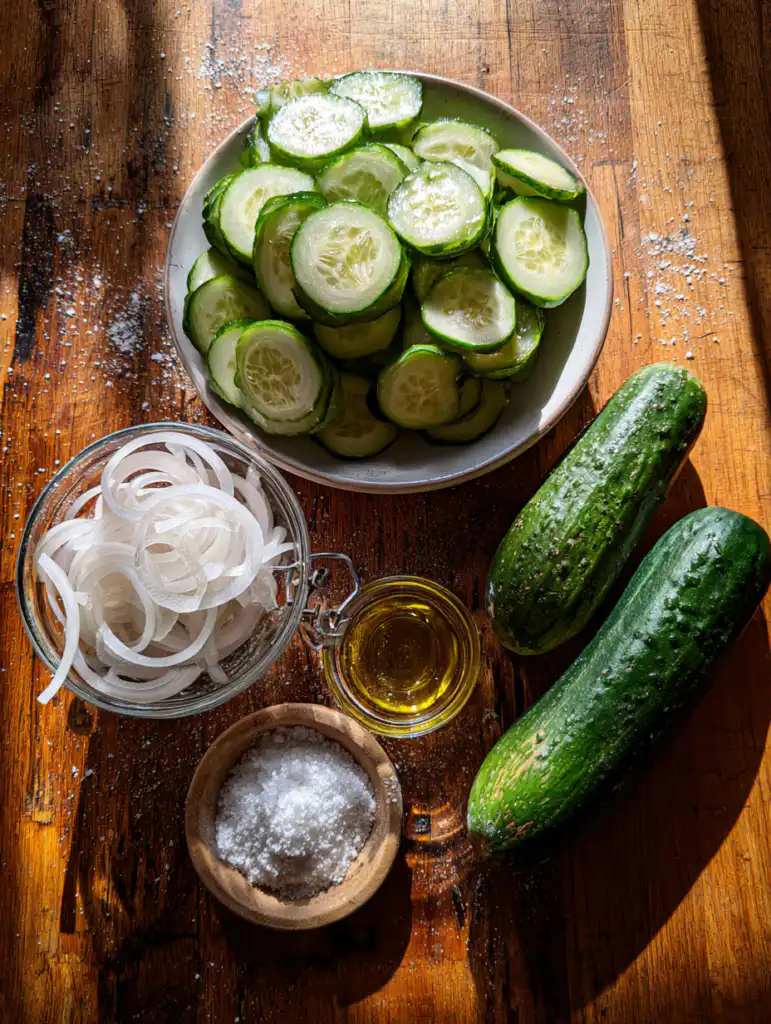 cucumber salad recipe ingredients including cucumbers vinegar onion and seasoning