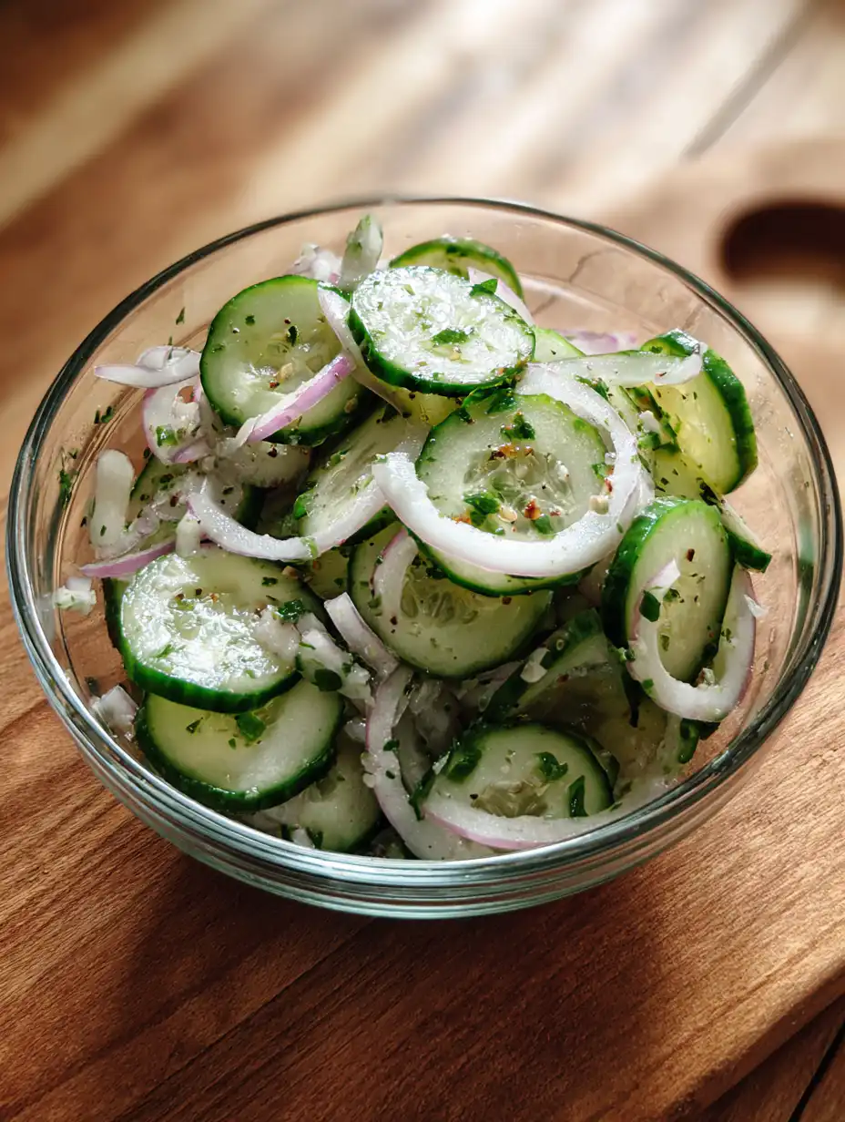 cucumber salad recipe with sliced cucumbers and onions in light dressing