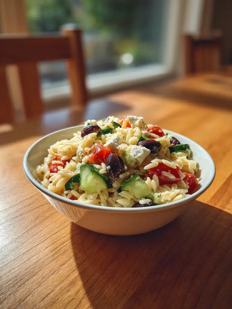 Greek orzo salad with feta in a bowl with cucumber tomatoes olives and feta on wooden table
