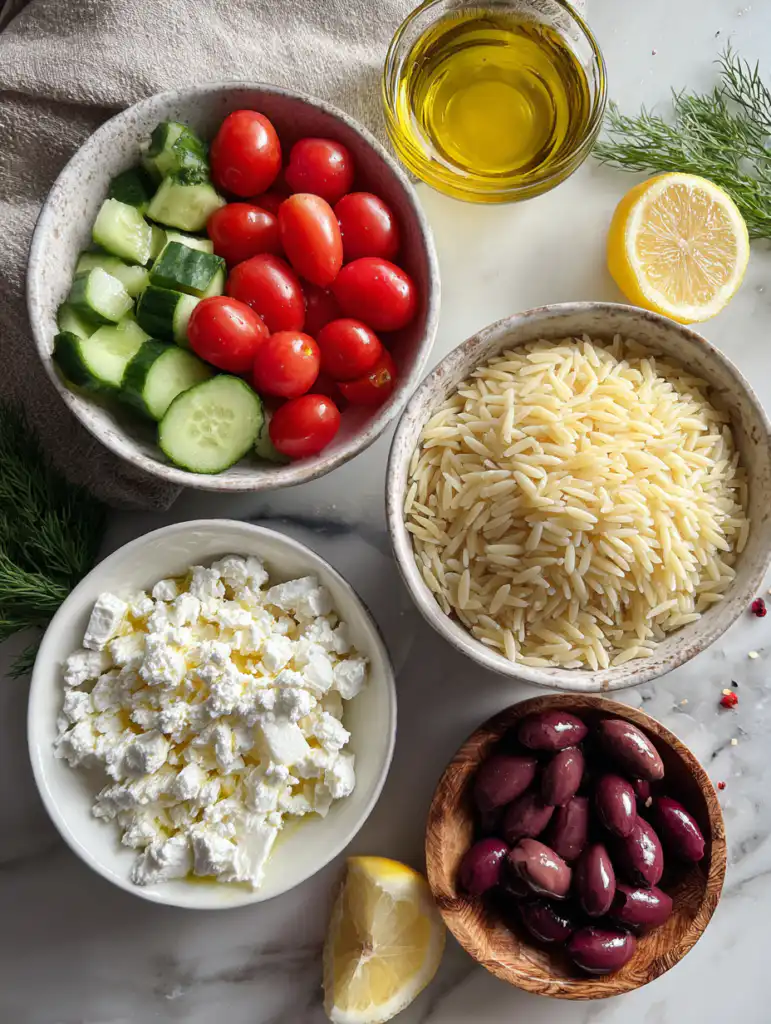 Greek orzo salad with feta ingredients including orzo cucumber tomatoes olives and feta on marble surface
