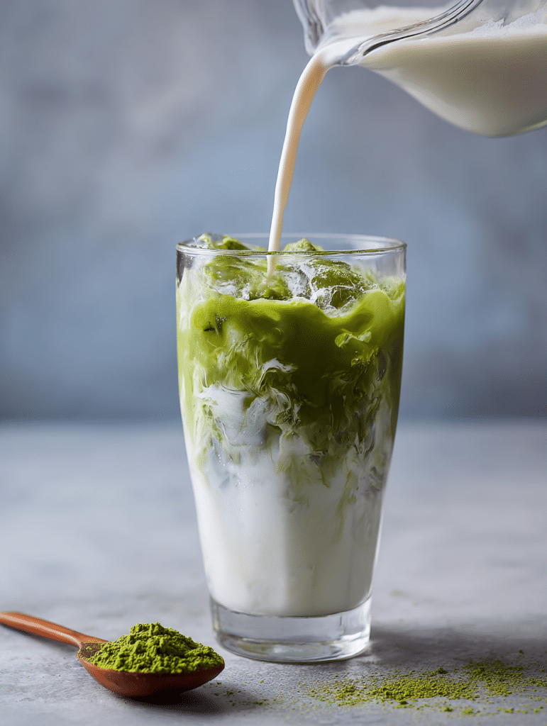 pouring matcha into milk for iced matcha latte recipe