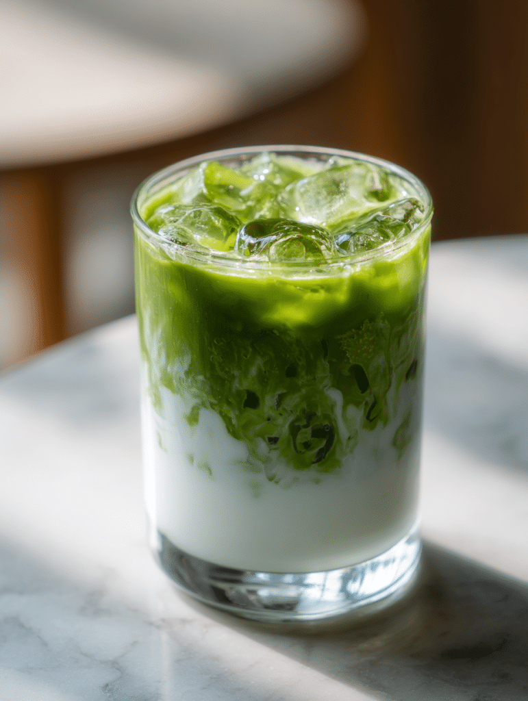 iced matcha latte recipe in a glass with layered matcha and milk
