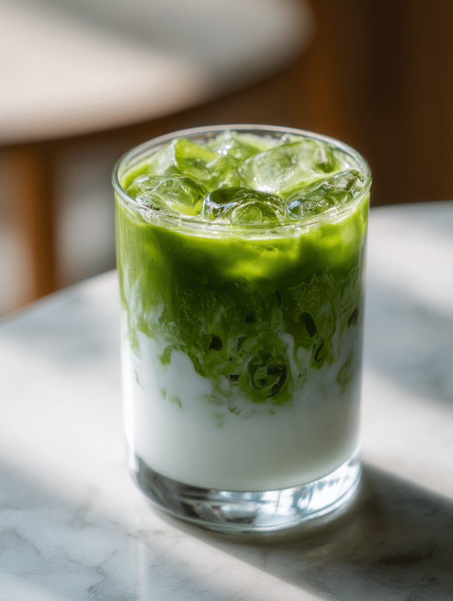iced matcha latte recipe in a glass with layered matcha and milk