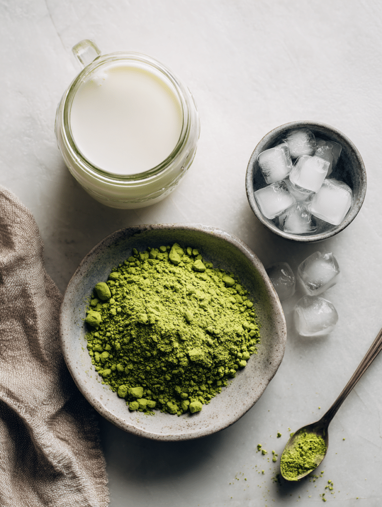 ingredients for iced matcha latte recipe including matcha powder and milk