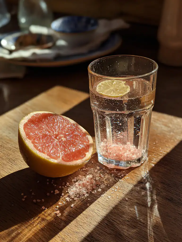 japanese manjaro pink salt trick drink with Himalayan pink salt water and lemon on wooden table