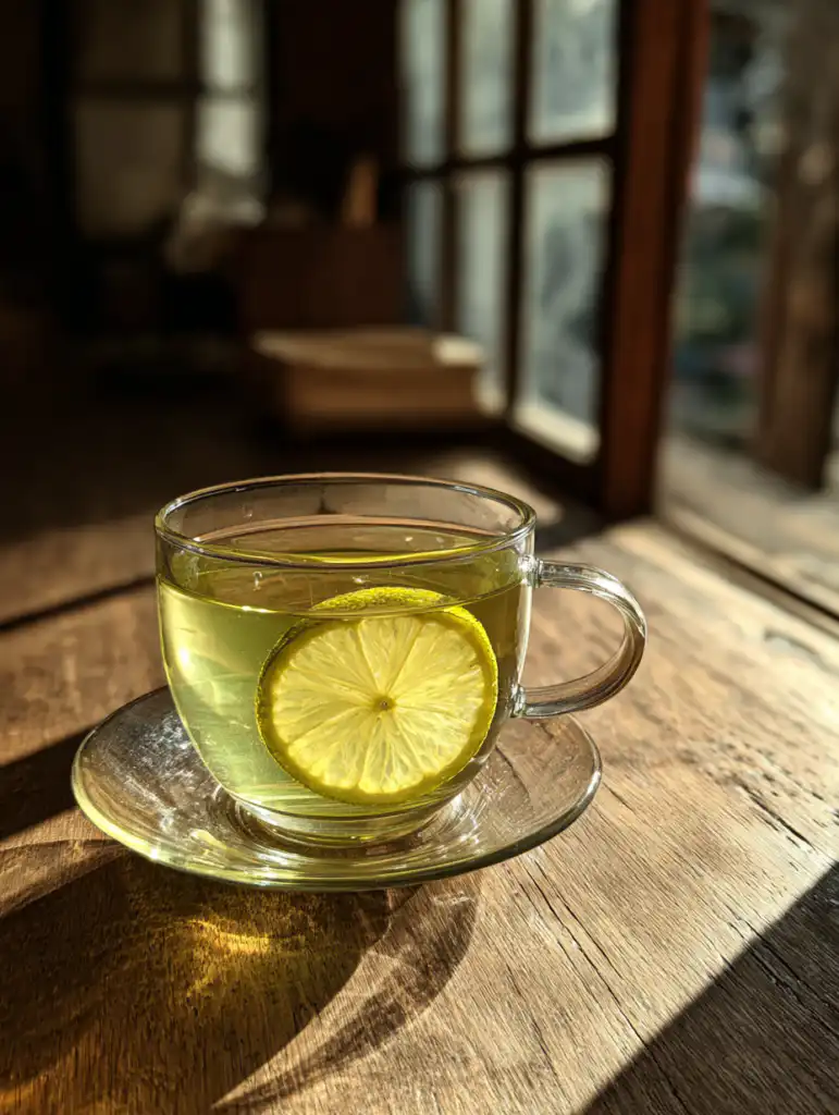 japanese mounjaro tea in a clear glass cup with lemon slice on wooden table in soft morning light