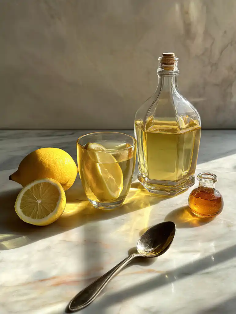 japanese mounjaro tea ingredients including green tea lemon apple cider vinegar and honey on marble surface