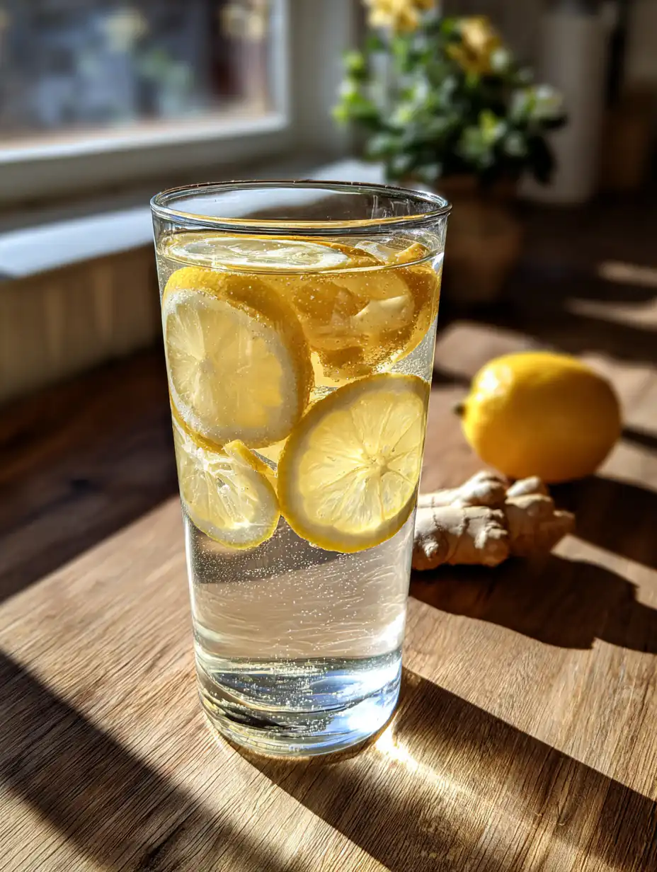 Lemon ginger juice detox in a glass with lemon slices and ginger on wooden table